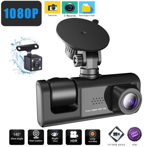 3 Camera Dash Cam 1080P Front and Inside 2 Inch Screen Dashcam Black Box Driver