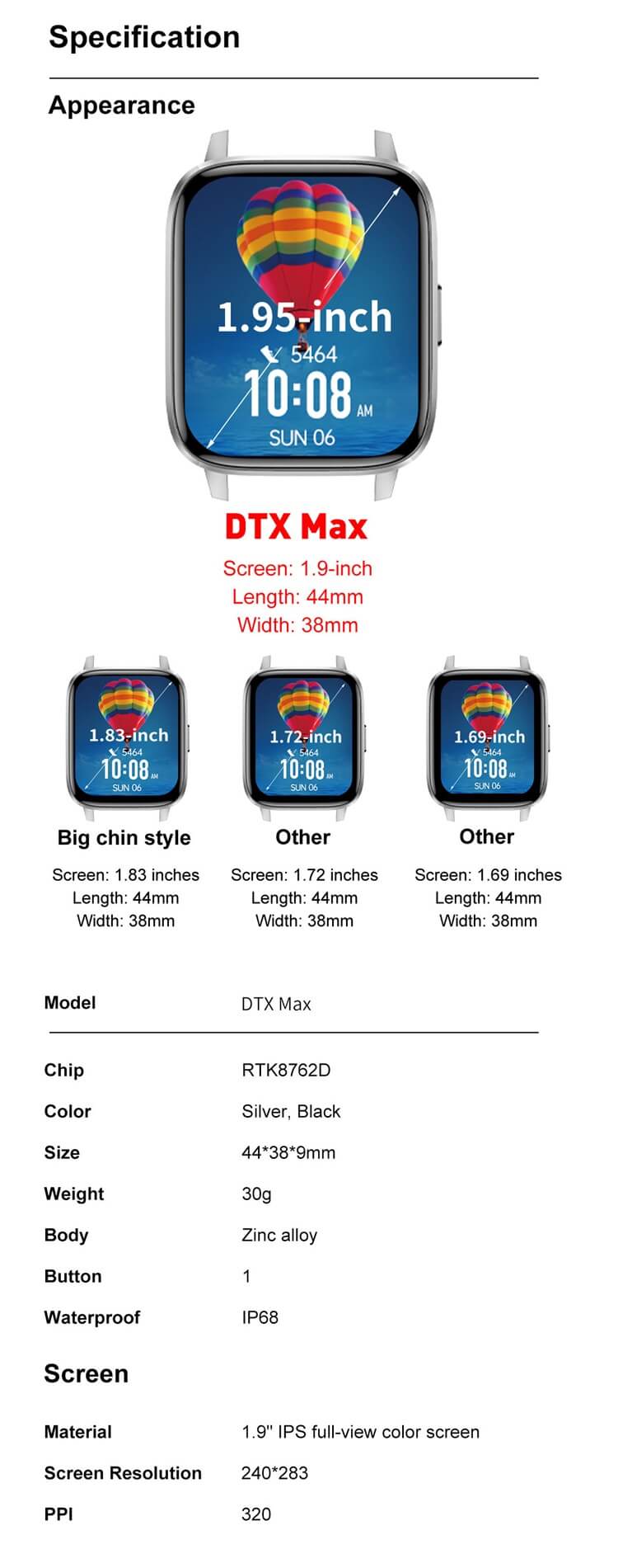 DTX MAX 1.9 Inch HD Display IP68 Waterproof NFC Payment Factory OEM Smart Watch