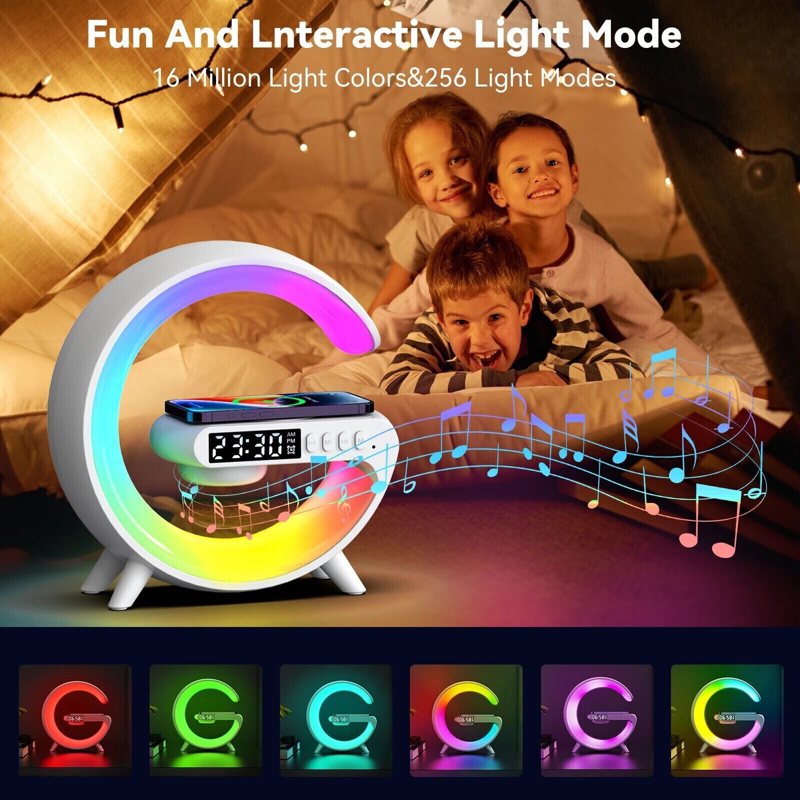 Smart G Lamp - Bluetooth Speaker Wireless Charger RGB Alarm Clock Night Light-AU