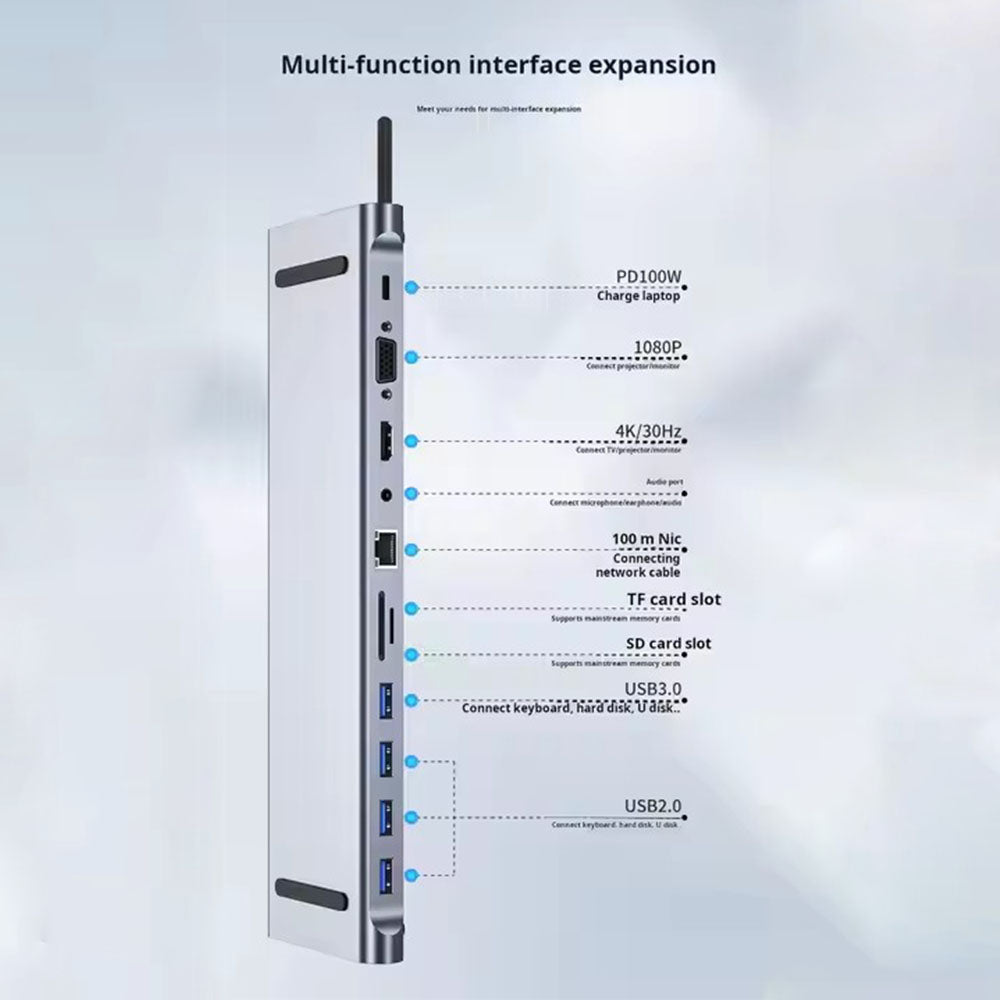 10+ Port USB 3.0 Hub with RJ45, 5Gbps Transfer Speed, Type-C Input, Aluminum Alloy