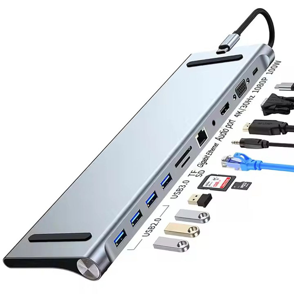10+ Port USB 3.0 Hub with RJ45, 5Gbps Transfer Speed, Type-C Input, Aluminum Alloy