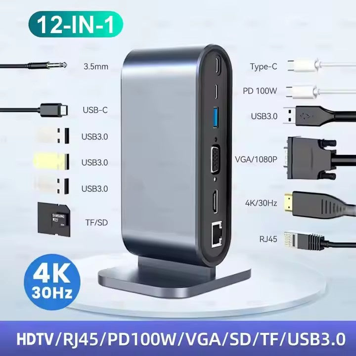 12-in-1 USB-C Hub with USB 3.0 Ports & Mini HDMI, OTG Support, Aluminum Alloy