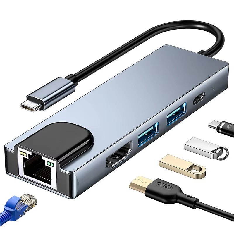 Type C 5-in-1, 5-port USB 3.0 Hub, Supporting HDTV and LAN Connections