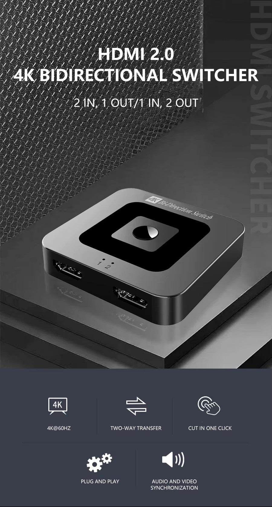 4K60Hz Dual-Screen Switcher Integrated with Computer Power Button (Custom Mold Design)