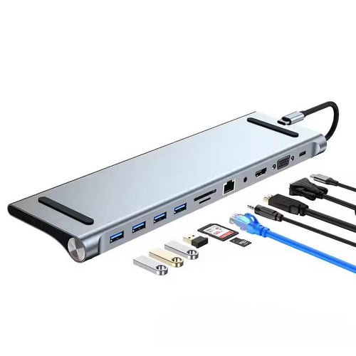 10+ Port USB 3.0 Hub with RJ45, 5Gbps Transfer Speed, Type-C Input, Aluminum Alloy