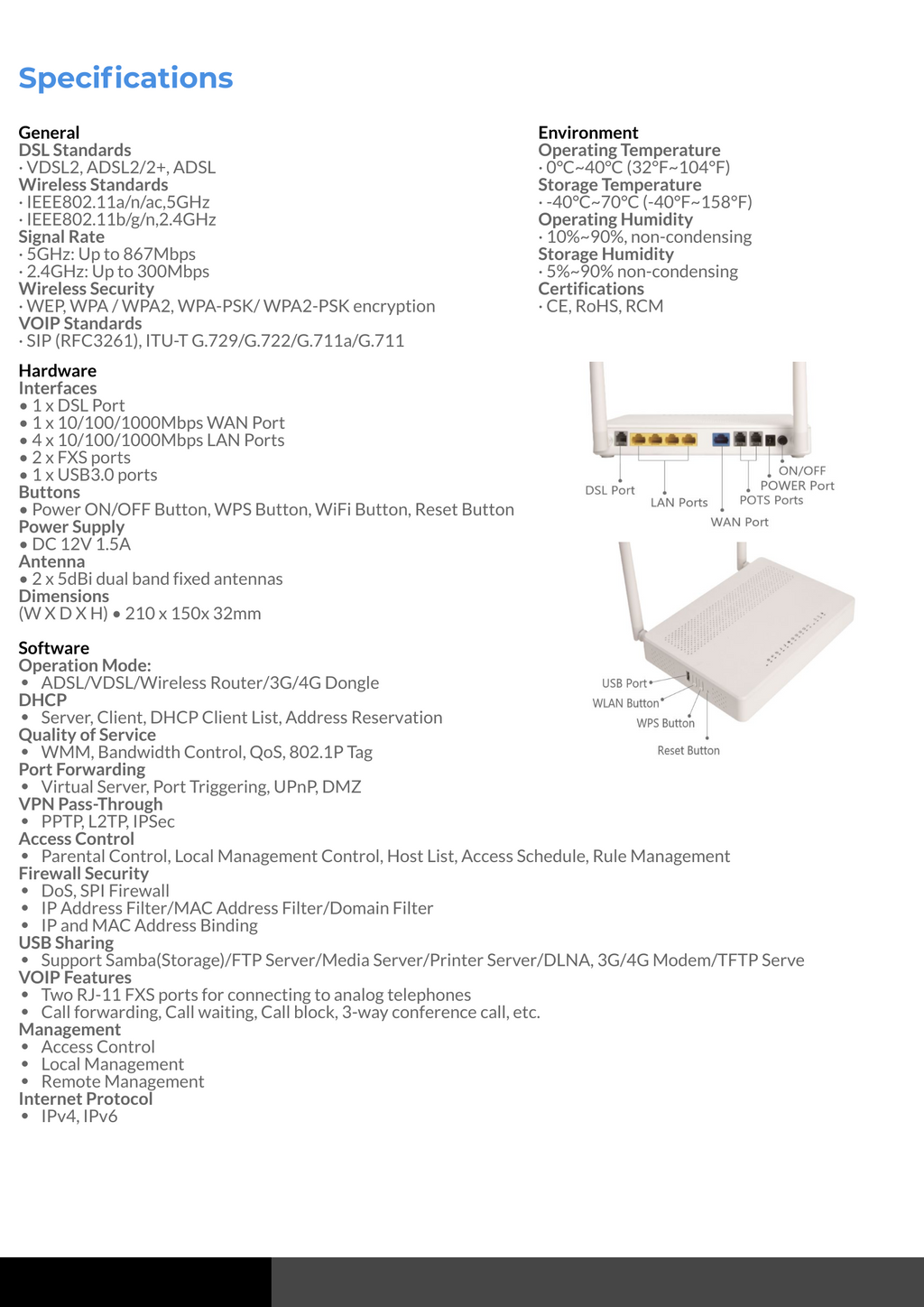 BDI AC1200 Wireless Dual Band VDSL/ADSL Modem Router with VoIP