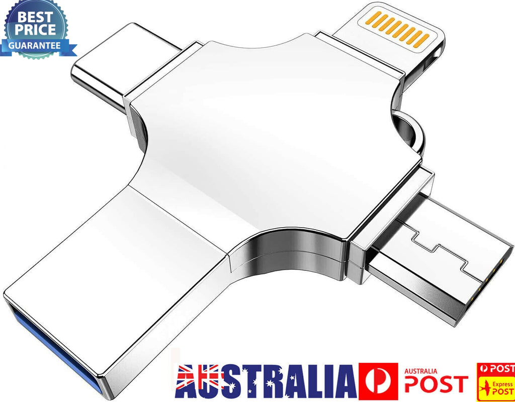 128g USB 3.0 Flash Drive 4 in1 Memory Stick For iPhone 13 12 X Android Type-c AU